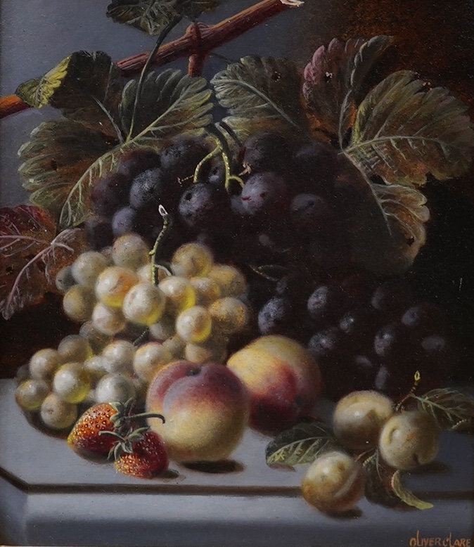 Manner of Oliver Clare, oil on board, Still life of fruit, signed, Ashleigh Gallery label verso, gilt framed, 26 x 22cm. Condition - good